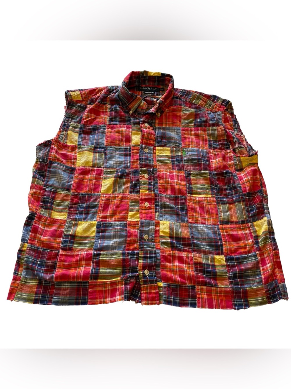 VTG Ralph Lauren Patchwork Madras Plaid Cut-Off Sleeve Cotton ButtonUp Shirt Med